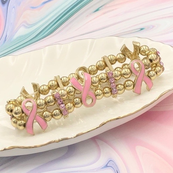 🌼 Pink Ribbon Gold 2 Row Stretch Bracelet - Picture 1 of 2